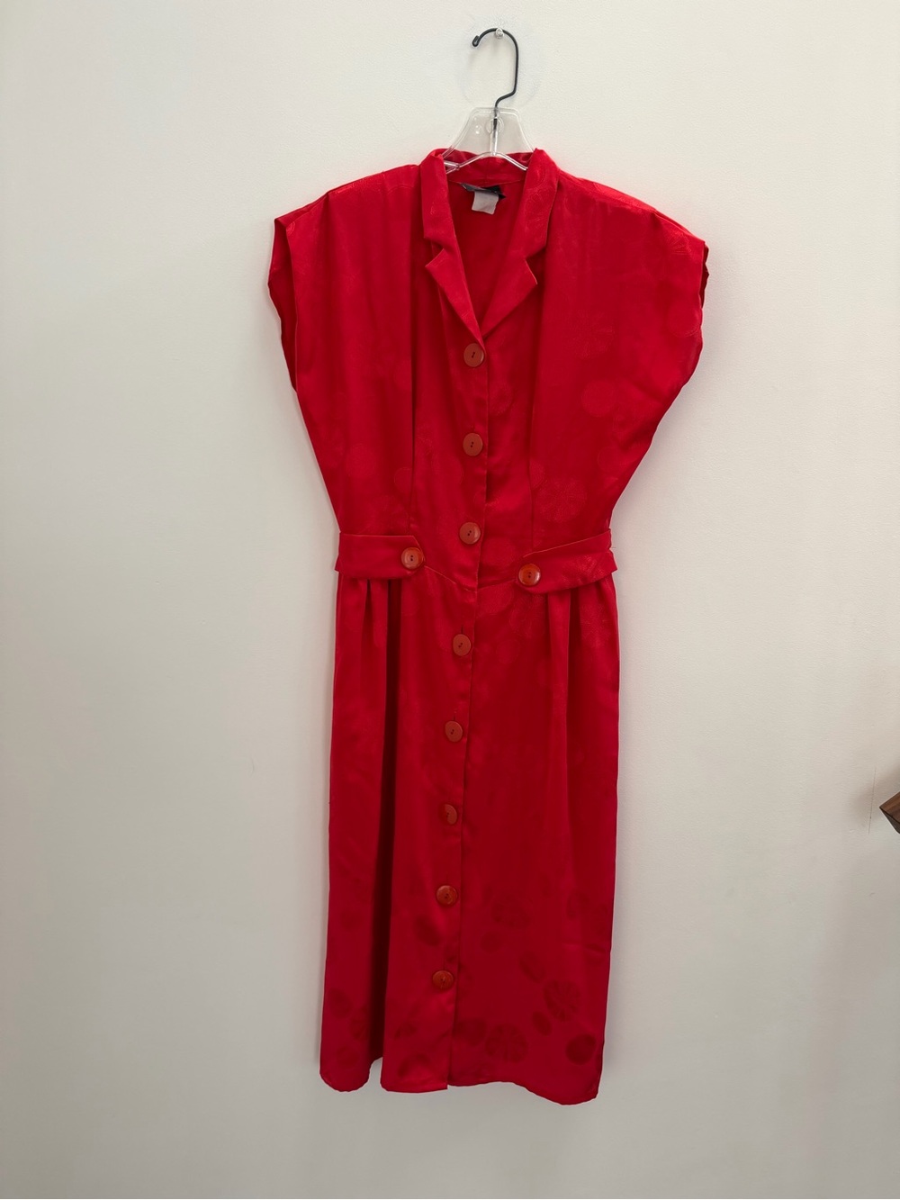 Classic Red Button-Front Midi Dress with Waist Tabs